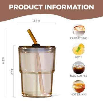 Puraville 12oz Coffee Cup 2 Pack Glass Cups with Lids and Straws Coffee Mug Set with Insulated Sleeve Glassware Tumbler Drinking Jar, Amber