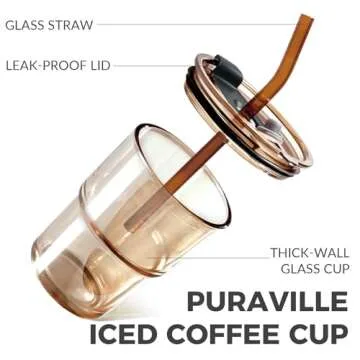 Puraville 12oz Coffee Cup 2 Pack Glass Cups with Lids and Straws Coffee Mug Set with Insulated Sleeve Glassware Tumbler Drinking Jar, Amber