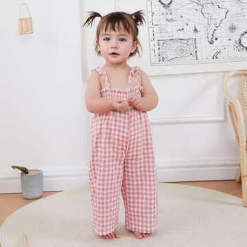 Baby Flare Jumpsuit Plaid Print Tie Shoulder Wide Leg Overalls Toddler Girl Ruffle Romper Sleeveless Strap Playsuit (Pink, 18-24 Months)