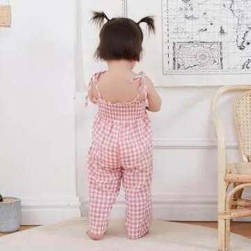 Baby Flare Jumpsuit Plaid Print Tie Shoulder Wide Leg Overalls Toddler Girl Ruffle Romper Sleeveless Strap Playsuit (Pink, 18-24 Months)