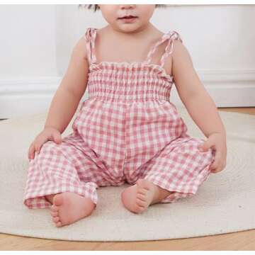 Baby Flare Jumpsuit Plaid Print Tie Shoulder Wide Leg Overalls Toddler Girl Ruffle Romper Sleeveless Strap Playsuit (Pink, 18-24 Months)