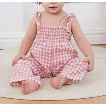 Baby Flare Jumpsuit Plaid Print Tie Shoulder Wide Leg Overalls Toddler Girl Ruffle Romper Sleeveless Strap Playsuit (Pink, 18-24 Months)