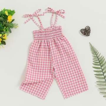 Baby Flare Jumpsuit Plaid Print Tie Shoulder Wide Leg Overalls Toddler Girl Ruffle Romper Sleeveless Strap Playsuit (Pink, 18-24 Months)