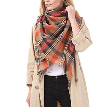 Trendy Women's Cozy Warm Winter Fall Blanket Scarf Stylish Soft Chunky Checked Giant Scarves Shawl Cape Orange