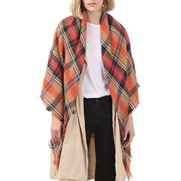 Trendy Women's Cozy Warm Winter Fall Blanket Scarf Stylish Soft Chunky Checked Giant Scarves Shawl Cape Orange