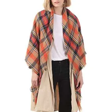 Trendy Women's Cozy Warm Winter Fall Blanket Scarf Stylish Soft Chunky Checked Giant Scarves Shawl Cape Orange
