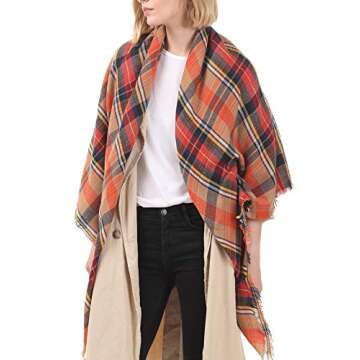 Trendy Women's Cozy Warm Winter Fall Blanket Scarf Stylish Soft Chunky Checked Giant Scarves Shawl Cape Orange
