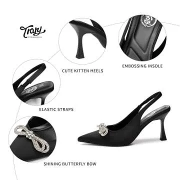 Trary Black Heels for Women, Women's Pumps, Black Dress Shoes for Women, Shining Crystal Bow Shoes for Women Dressy Low Heel, Kitten Heels for Women, Closed Toe Heels Women, Slingback Pumps,High Heels