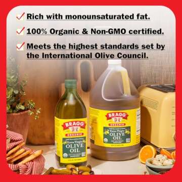 Bragg Organic Extra Virgin Olive Oil – Made with Greek Koroneiki Olives – Cold Pressed EVOO for Marinades & Vinaigrettes – USDA Certified, Non-GMO, Kosher (128 Ounce)