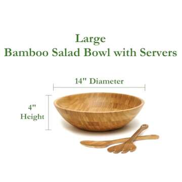 Lipper International Bamboo Wood Salad Bowl with 2 Server Utensils, Large, 14" Diameter x 4" Height,...