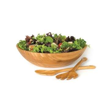 Lipper International Bamboo Wood Salad Bowl with 2 Server Utensils, Large, 14" Diameter x 4" Height, 3-Piece Set