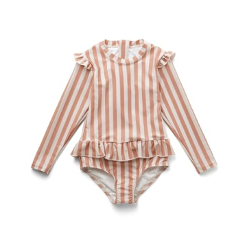 LDIOIF Toddler Girls One Piece Bathing Suit Pink Striped Long Sleeve Swimsuit Zipper Rash Guard Swim...