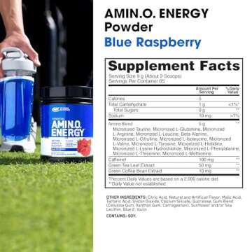 Optimum Nutrition Amino Energy - Pre Workout with Green Tea, BCAA, Amino Acids, Keto Friendly, Green Coffee Extract, Energy Powder - Blue Raspberry, 65 Servings (Packaging May Vary)