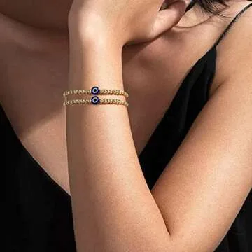 Evil Eye Luck Gold Beaded Protection Mal De Ojo Blue Eye bracelets For Women Gifts For Bestfriends, Mother, Family Members, Siblings, Sister（2pcs)