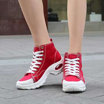WELRUNG Women's High Top Heightened Sole Sports Causal Fashion Sneakers Canvas Shoes Red 8.5 US