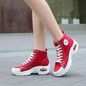 WELRUNG Women's High Top Heightened Sole Sports Causal Fashion Sneakers Canvas Shoes Red 8.5 US