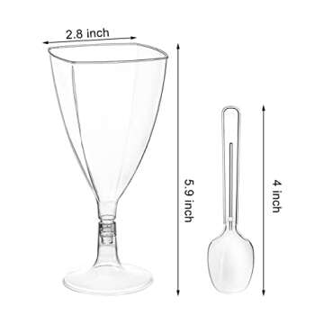 Foraineam 100 Pack Clear Dessert Cups with Spoons, Plastic Wine Glasses, 7 oz Plastic Champagne Flutes Cocktail Glasses Mousse Cups, Reusable Stemmed Cup for Champagne, Parfait, Dessert, Appetizer