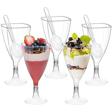 Foraineam 100 Pack Clear Dessert Cups with Spoons, Plastic Wine Glasses, 7 oz Plastic Champagne Flutes Cocktail Glasses Mousse Cups, Reusable Stemmed Cup for Champagne, Parfait, Dessert, Appetizer