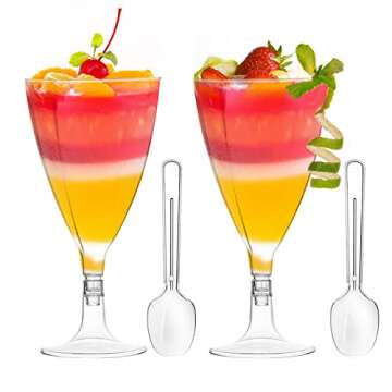 Foraineam 100 Pack Clear Dessert Cups with Spoons, Plastic Wine Glasses, 7 oz Plastic Champagne Flutes Cocktail Glasses Mousse Cups, Reusable Stemmed Cup for Champagne, Parfait, Dessert, Appetizer