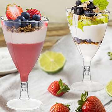 Foraineam 100 Pack Clear Dessert Cups with Spoons, Plastic Wine Glasses, 7 oz Plastic Champagne Flutes Cocktail Glasses Mousse Cups, Reusable Stemmed Cup for Champagne, Parfait, Dessert, Appetizer