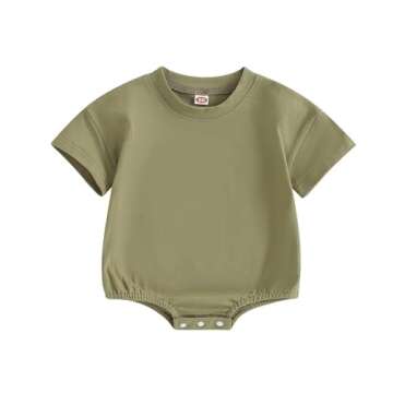 Merqwadd Baby Boy Girl Bubble Romper Infant Oversize Plain Crewneck T-Shirt Bodysuit Tops (Olive, 6-...