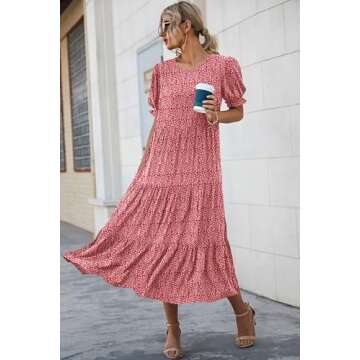 PRETTYGARDEN Women's Summer Casual Boho Dress Floral Print Ruffle Puff Short Sleeve Flowy Midi Beach...