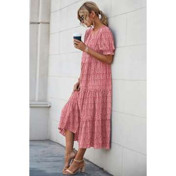 PRETTYGARDEN Women's Summer Casual Boho Dress Floral Print Ruffle Puff Short Sleeve Flowy Midi Beach Party Dresses (Red,Small)