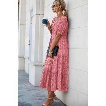 PRETTYGARDEN Women's Summer Casual Boho Dress Floral Print Ruffle Puff Short Sleeve Flowy Midi Beach Party Dresses (Red,Small)