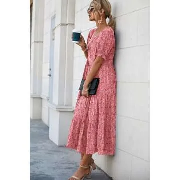 PRETTYGARDEN Women's Summer Casual Boho Dress Floral Print Ruffle Puff Short Sleeve Flowy Midi Beach Party Dresses (Red,Small)