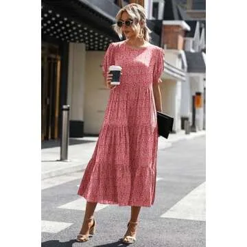 PRETTYGARDEN Women's Summer Casual Boho Dress Floral Print Ruffle Puff Short Sleeve Flowy Midi Beach Party Dresses (Red,Small)