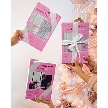 Impressions Vanity Hello Kitty Lighted Makeup Mirrors Bundle, Supercute Trifold and Compact Mirror with LED Lights, Magnification, Touch Screen, Travel Accessories Portable Hand Mirror (Pink)