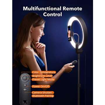 Ring Light with Stand, 12 inch LED Ring Light Features Upgraded Tripod & Remote Control, Selfie Light with Phone Holder Adjustable Height Smooth Dimming for Makeup Studio Portrait YouTube Vlog