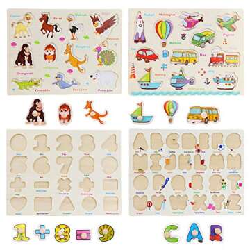 Wooden Peg Puzzles for Toddlers 2 3 Years Old, WOOD CITY Alphabet & Number Puzzles for Kids, 4 Pcs Toddler Puzzles Set - Letters, Numbers, Animals and Vehicles, Learning Toys Gift for Girls and Boys