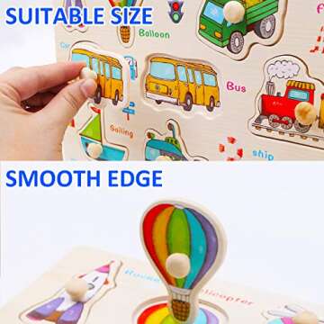 Wooden Peg Puzzles for Toddlers 2 3 Years Old, WOOD CITY Alphabet & Number Puzzles for Kids, 4 Pcs Toddler Puzzles Set - Letters, Numbers, Animals and Vehicles, Learning Toys Gift for Girls and Boys
