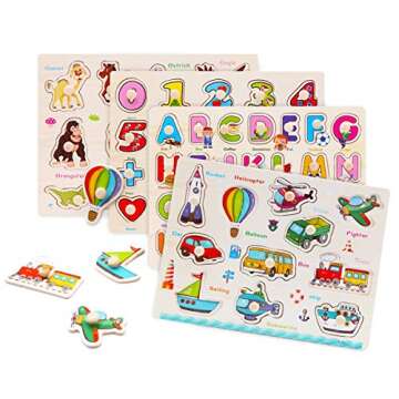 Wooden Peg Puzzles for Toddlers 2 3 Years Old, WOOD CITY Alphabet & Number Puzzles for Kids, 4 Pcs Toddler Puzzles Set - Letters, Numbers, Animals and Vehicles, Learning Toys Gift for Girls and Boys