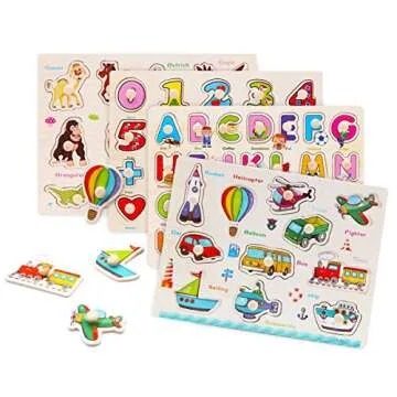 Wooden Peg Puzzles for Toddlers 2 3 Years Old, WOOD CITY Alphabet & Number Puzzles for Kids, 4 Pcs Toddler Puzzles Set - Letters, Numbers, Animals and Vehicles, Learning Toys Gift for Girls and Boys