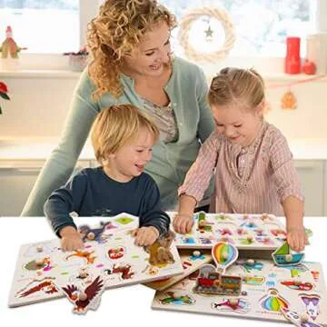 Wooden Peg Puzzles for Toddlers 2 3 Years Old, WOOD CITY Alphabet & Number Puzzles for Kids, 4 Pcs Toddler Puzzles Set - Letters, Numbers, Animals and Vehicles, Learning Toys Gift for Girls and Boys