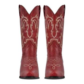 LISHAN Women's Red Cowgirl Cowboy Boots Western Boots Pull On Embroidered Block Chunky High Heels Mid Calf Under the Knee High Boots Square Closed Toe Party Dancing Faux Leather PU Shoes Size 11