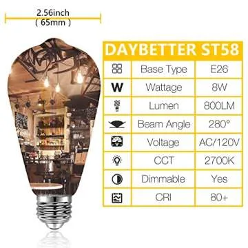 DAYBETTER 10 Pack Vintage Edison Bulbs, 60W Equivalent, ST58 Antique LED Filament Light Bulbs, E26 Dimmable LED Bulb with Warm White 2700K, 8W, 800LM, Clear Glass