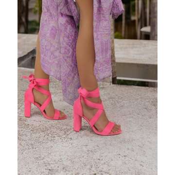 Strappy Heels for Women Chunky Heels High Heeled Sandals with Lace Up Fahsion Casual Nude Block Heel Sandals