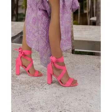 Strappy Heels for Women Chunky Heels High Heeled Sandals with Lace Up Fahsion Casual Nude Block Heel Sandals