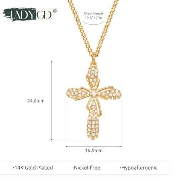 LADYGD Cross Necklace for Women Trendy 14K Gold Plated Cubic Zirconia Cross Pendant Necklaces Handmade Christian Everyday Jewelry Gifts for Women
