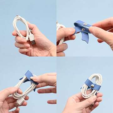 SenseAGE 5 Pack Cord Organizer, Bow Cord Keeper, Cable Organizer USB holder, Leather Cable Management, Cable Straps, Earphone winder, Storage Straps for Electronics, Earbuds, Small, Pink