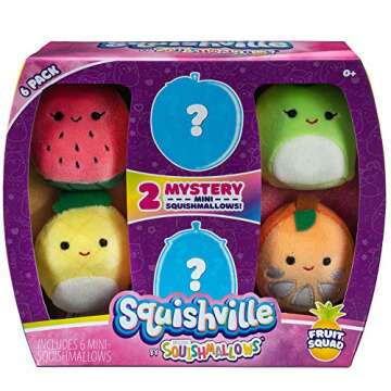 Squishville by Squishmallows Mini Plush Fruit Squad, Six 2" Soft Minimallow Plush, Irresistibly Colorful Fruits, Mini Peach, Pineapple, and Watermelon