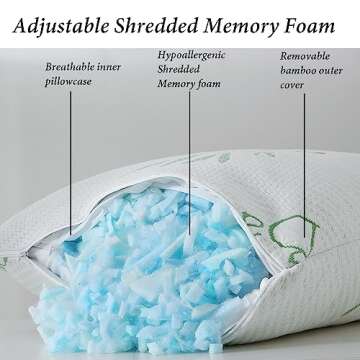 HOXXME Shredded Memory Foam Pillows for Sleeping, Cooling Zippered Breathable Memory Foam Bed Pillow 2 Pack, Queen Size Firm Pillow Gel for Neck Support, Hotel Quality Bed Rest Pillow Set of 2
