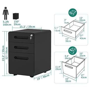 YITAHOME 3-Drawer Rolling File Cabinet, Metal Mobile File Cabinet with Lock, Filing Cabinet Under Desk fits Legal/A4 Size for Home/Office, Fully Assembled-Black