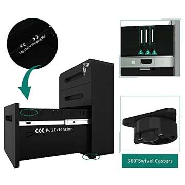 YITAHOME 3-Drawer Rolling File Cabinet, Metal Mobile File Cabinet with Lock, Filing Cabinet Under Desk fits Legal/A4 Size for Home/Office, Fully Assembled-Black