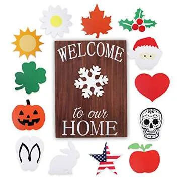 Holiday Welcome Sign for Front Door by Onyx Haus, Halloween Housewarming Gift- Large, Interchangeable Decorations w/ 14 Unique Seasonal Pieces 11"x15"