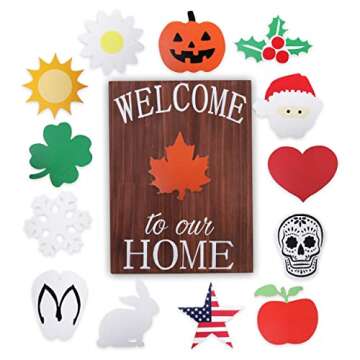 Holiday Welcome Sign for Front Door by Onyx Haus, Halloween Housewarming Gift- Large, Interchangeable Decorations w/ 14 Unique Seasonal Pieces 11"x15"