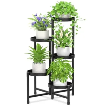 iDavosic.ly 5 Tier Metal Plant Stand - Modern Black Folding Shelf for Indoor & Outdoor